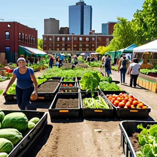 A vibrant community garden with diverse vegetables growing in repurposed containers, showcasing a local food market in the background and residents actively participating in harvesting, set in a sunny urban neighborhood.