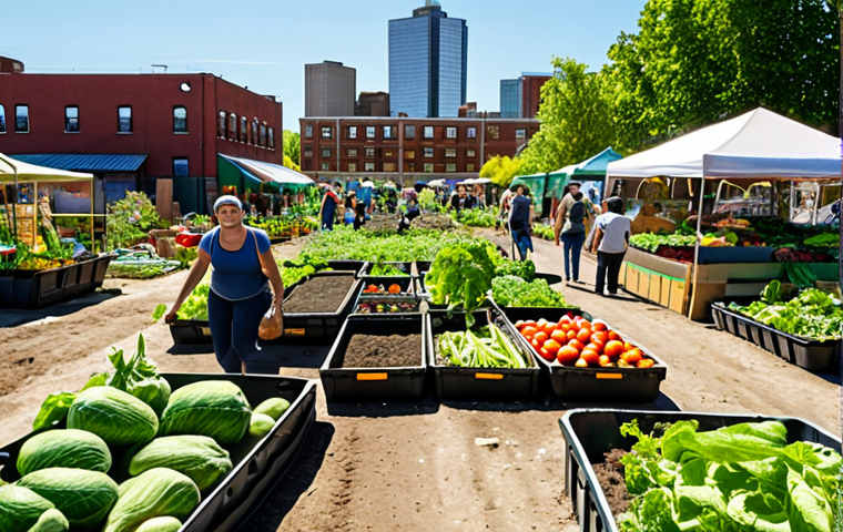 A vibrant community garden with diverse vegetables growing in repurposed containers, showcasing a local food market in the background and residents actively participating in harvesting, set in a sunny urban neighborhood.