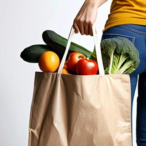 A reusable shopping bag filled with groceries, replacing single-use plastic bags, emphasizing environmental protection and convenience.